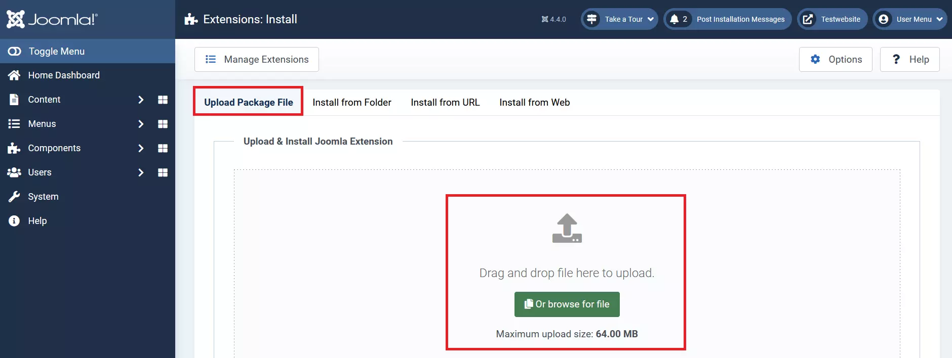 Opción “Cargar archivo de paquete” en el backend de Joomla Opción “Cargar archivo de paquete” en el backend de Joomla