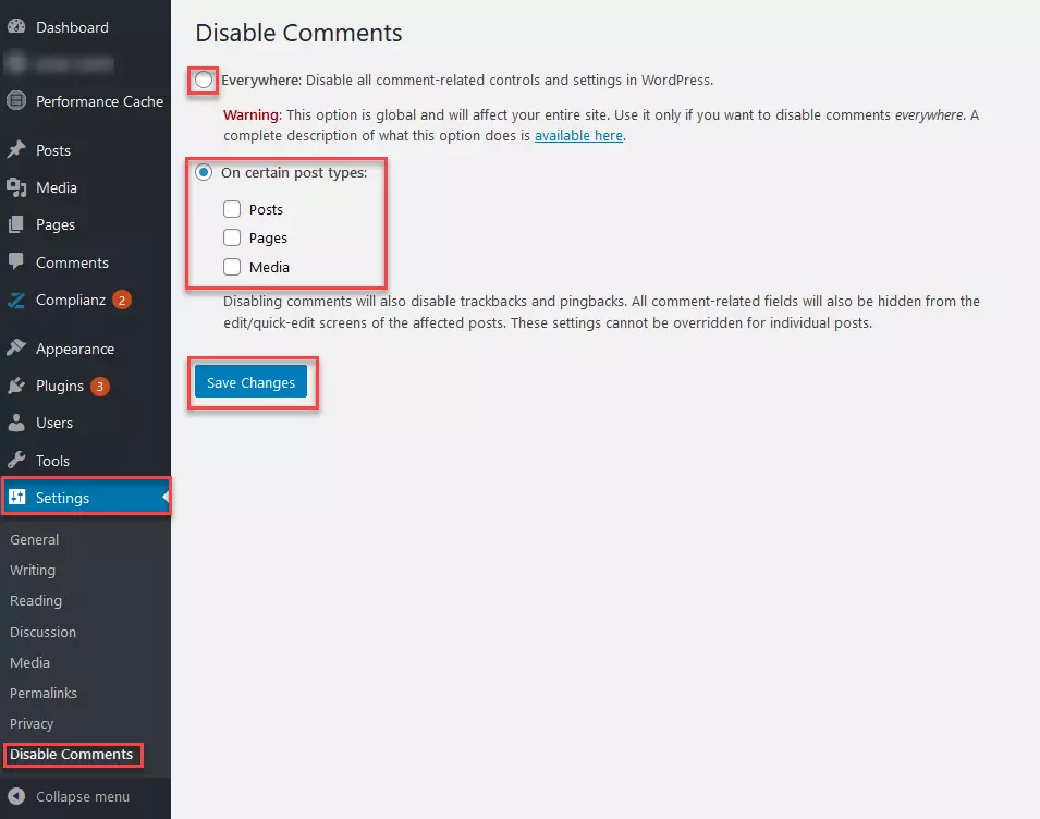 Imagen: Backend del plugin Disable Comments (“deshabilitar comentarios”) con opciones de configuración 