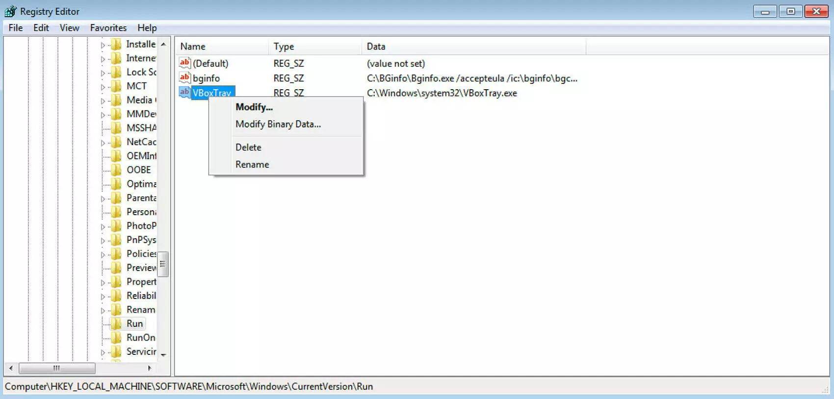 Imagen: Registro con entradas de programas de inicio con Windows 7