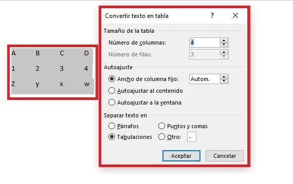 Imagen: Crear una tabla en Word a partir de un texto existente