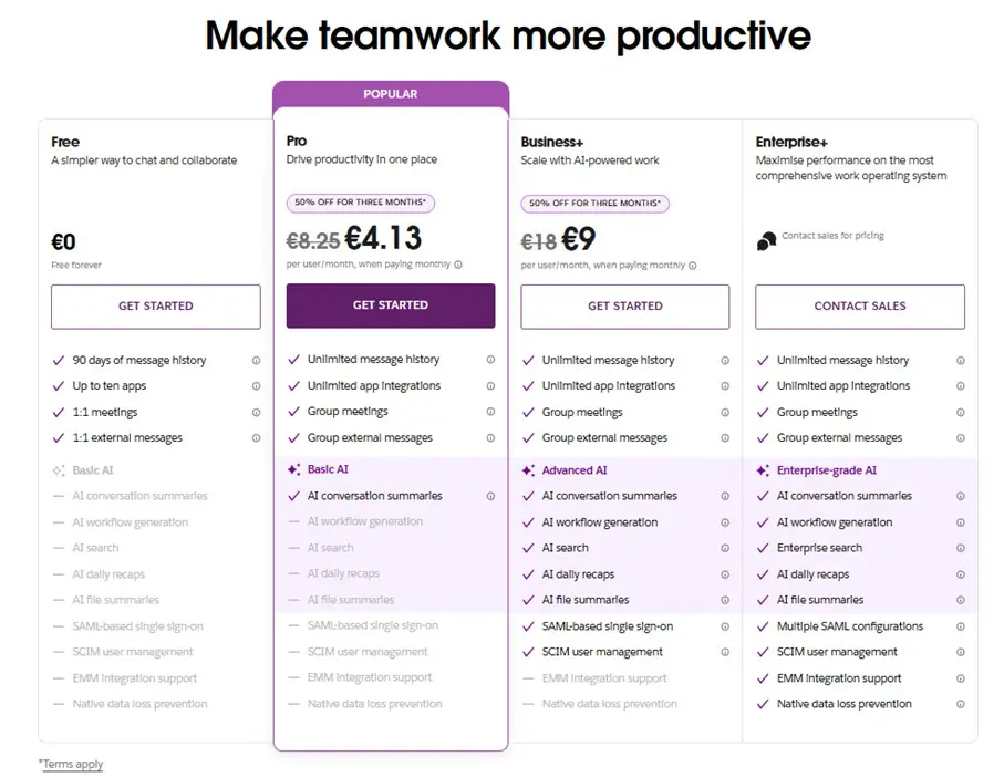 Imagen: Captura de pantalla de los precios de Slack
