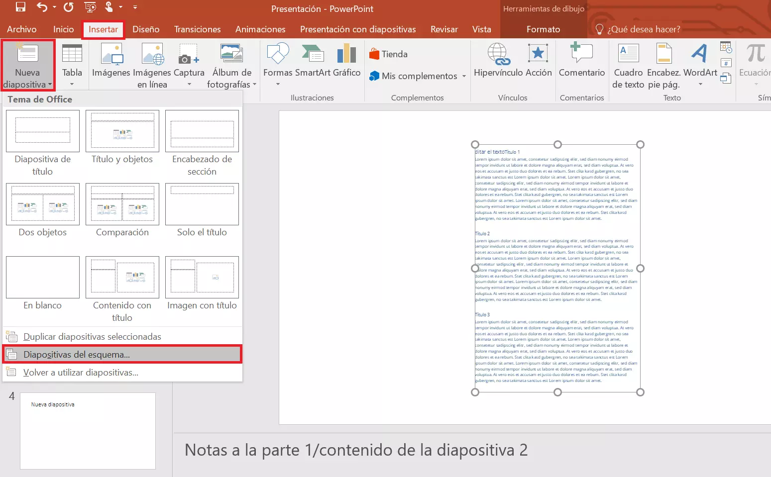 PowerPoint: menú desplegable de “Nueva diapositiva”