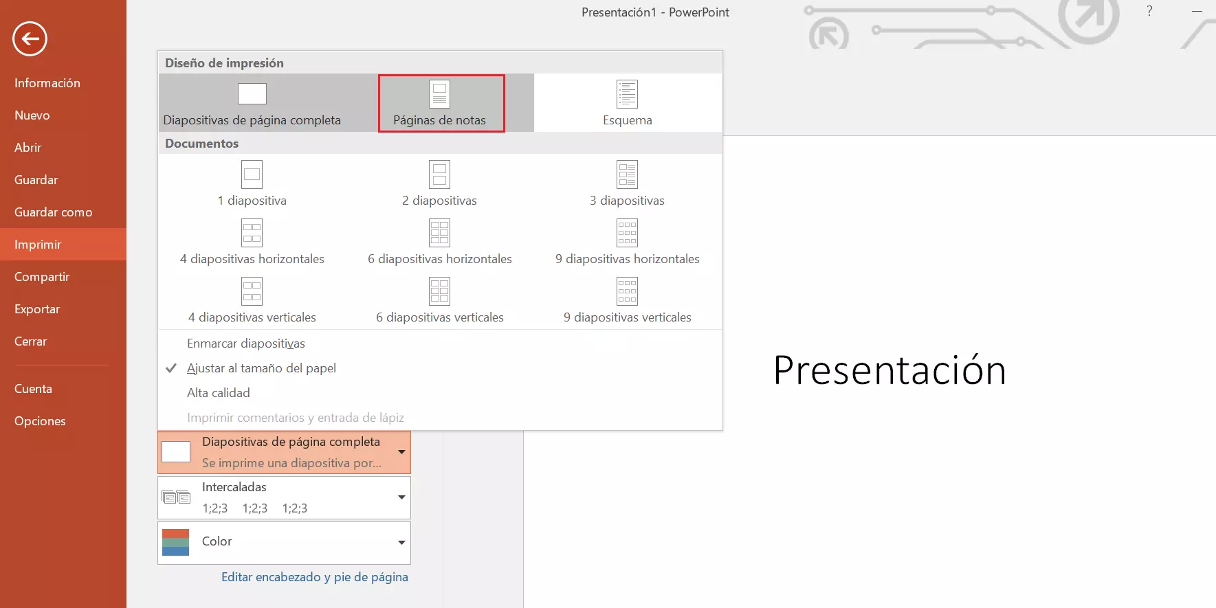 Imprimir diapositivas de PowerPoint con notas: opciones de configuración de impresión