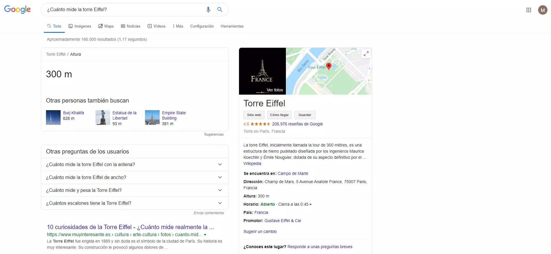 Imagen: Cuadro de respuesta de un Knowledge Graph a la pregunta “¿Cuánto mide la Torre Eiffel?”
