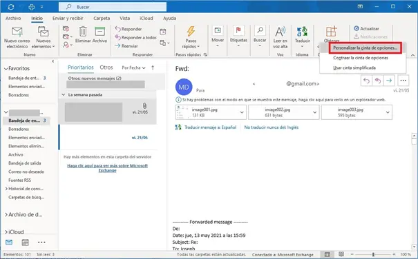 Imagen: Outlook con el menú de “Personalizar la cinta de opciones…” abierto