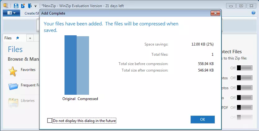 Imagen: Ventana de WinZip que muestra el tamaño del archivo antes y después de la compresión