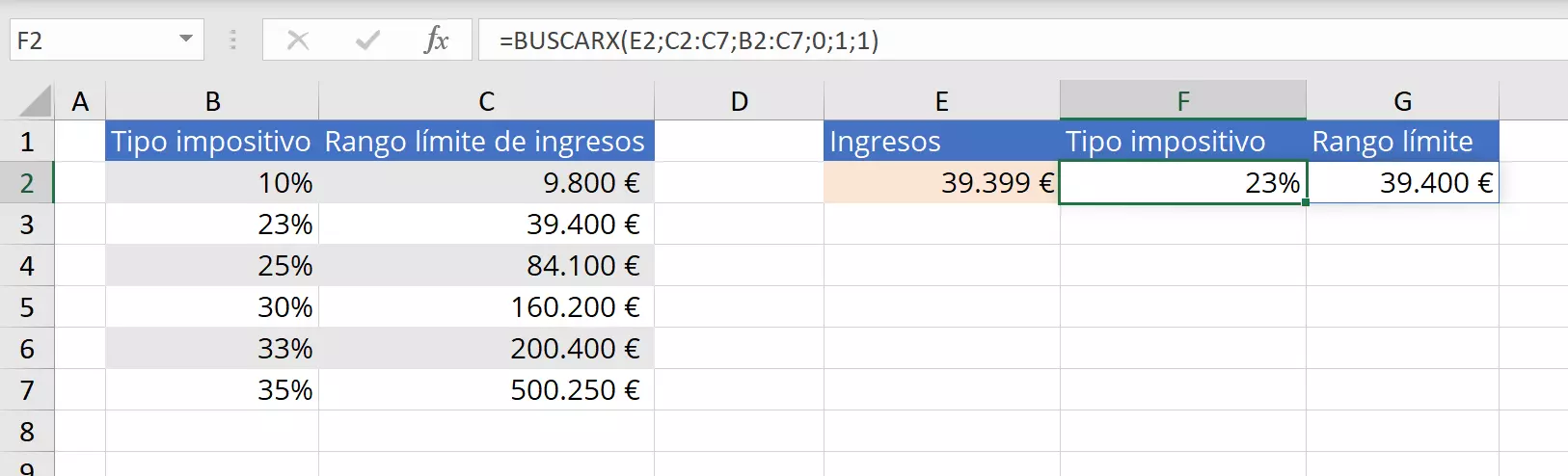 Imagen: Excel: ejemplo de BUSCARX usando los tres parámetros obligatorios y todos los opcionales.