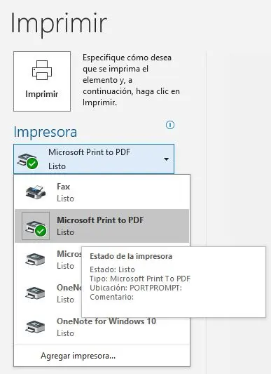 Imagen: Opciones de impresión de Outlook