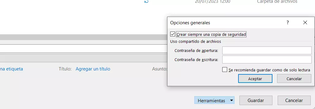 Excel: Opción “Crear copia de seguridad” Excel: Opción “Crear copia de seguridad”