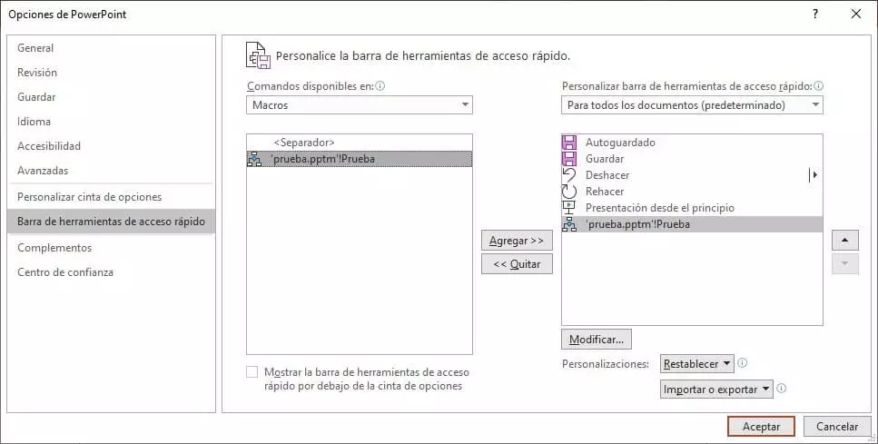 Imagen: Menú “Barra de herramientas de acceso rápido” de PowerPoint 2016
