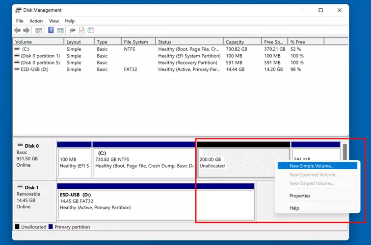 Administración de discos en Windows 11: espacio para almacenar no asignado