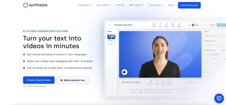 Captura de pantalla de la página web de Synthesia Captura de pantalla de la página web de Synthesia