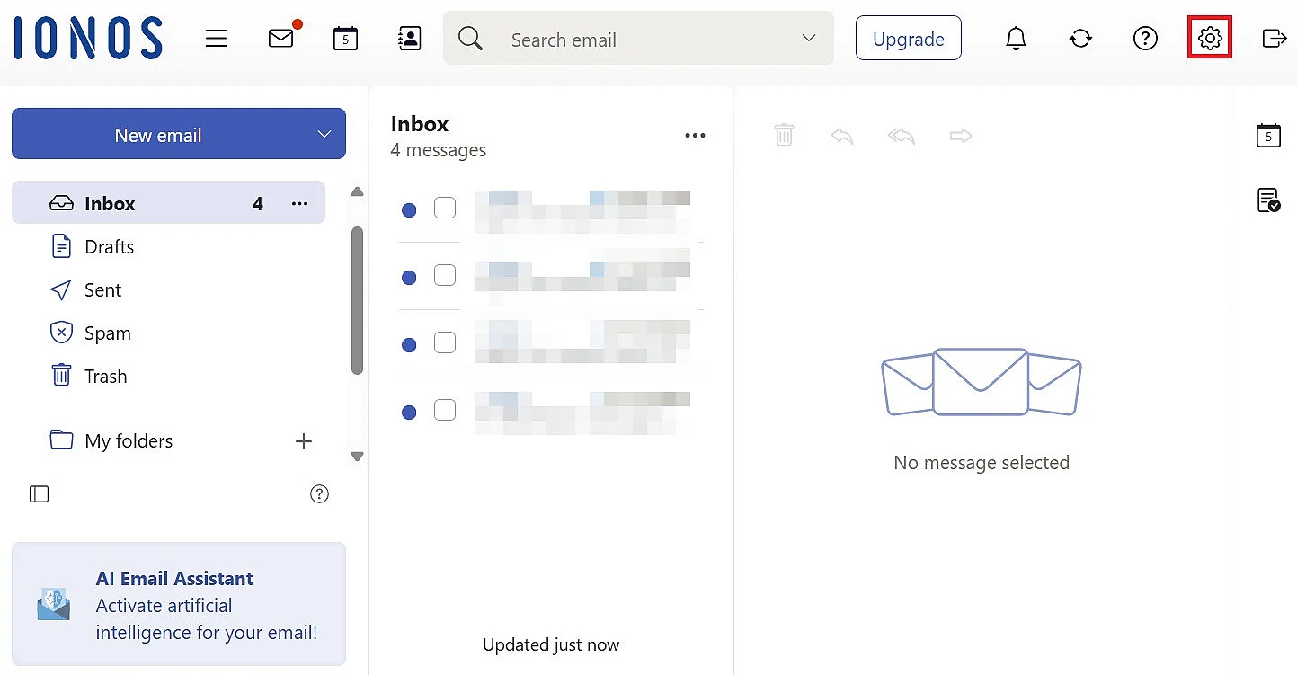 Configuración en la interfaz del correo de IONOS Imagen: Configuración en la interfaz del correo de IONOS