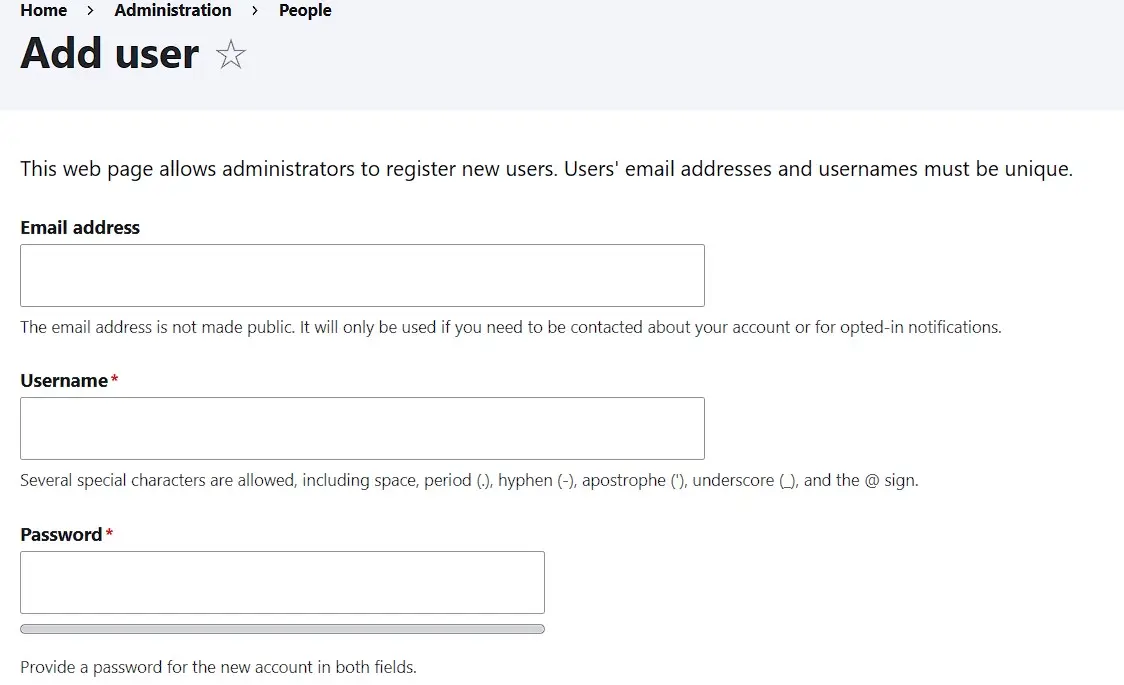Menú de Drupal para crear una nueva cuenta de usuario Imagen: Menú de Drupal para crear una nueva cuenta de usuario