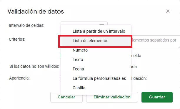 Imagen: Google Sheets: menú “Validación de datos”