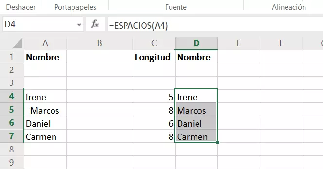 Imagen: Conjunto de datos tras corregir la disposición en Excel 