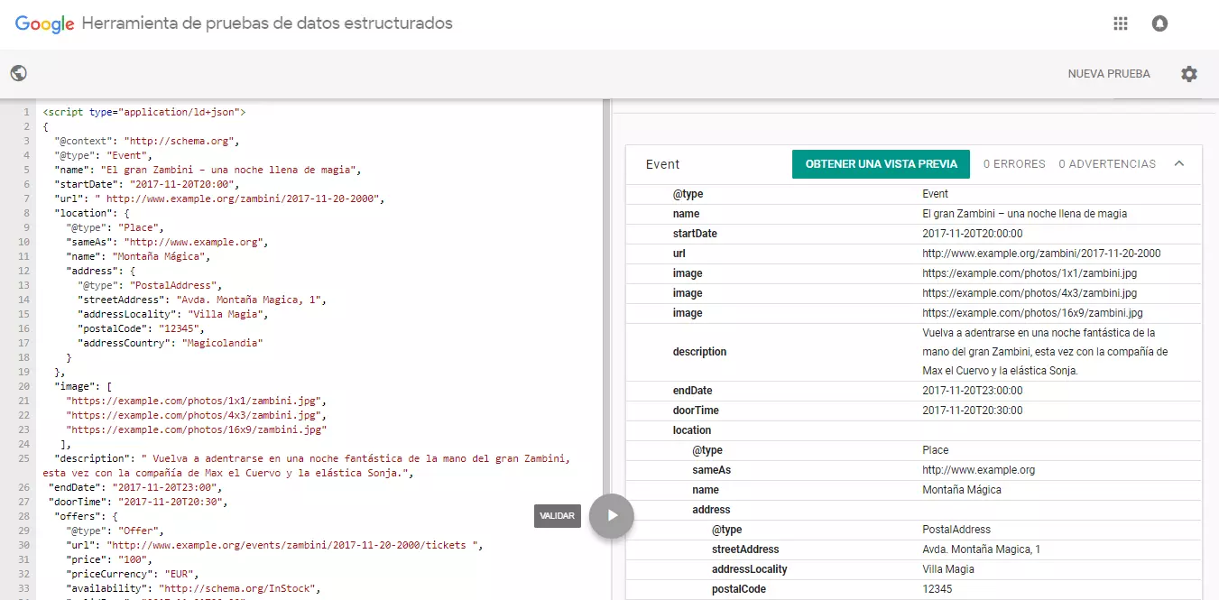 Imagen: Google Structured Data Testing Tool tras la validación: 0 errores encontrados