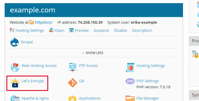 Imagen: Captura de pantalla de Let’s Encrypt en Plesk
