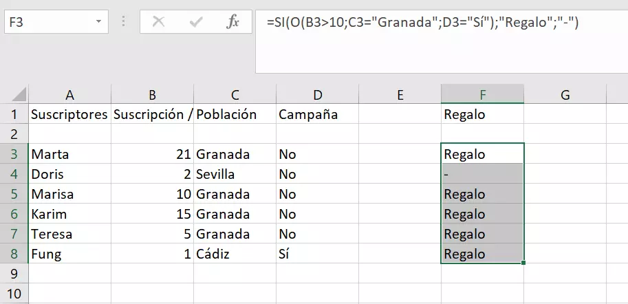 Imagen: Función de Excel O en la tabla de ejemplo.
