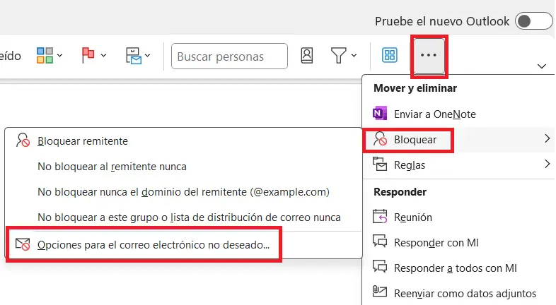 Imagen: Opciones de correo no deseado en la cinta de opciones simplificada de Outlook“