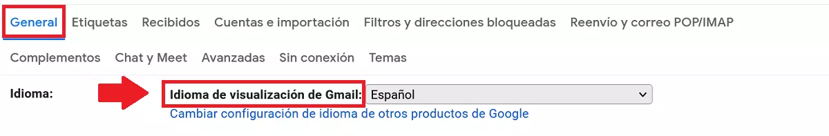 Imagen: La categoría “General” y la opción “Idiomas” en el menú de Gmail