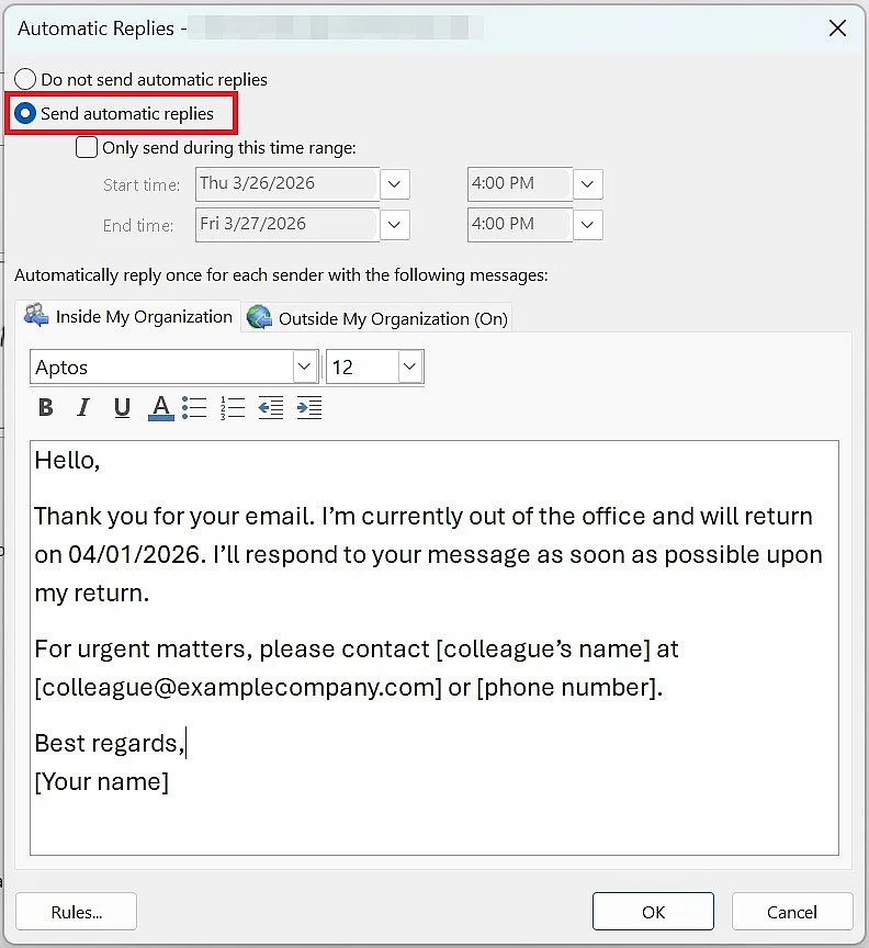 Outlook: redactar respuesta automática Imagen: Outlook: redactar respuesta automática