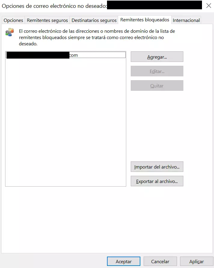 Imagen: Lista de remitentes bloqueados