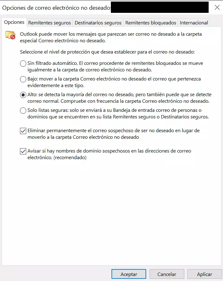 Imagen: Opciones para el correo no deseado de Outlook