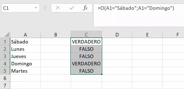 Imagen: Función de Excel O con más de una condición en formato de texto.