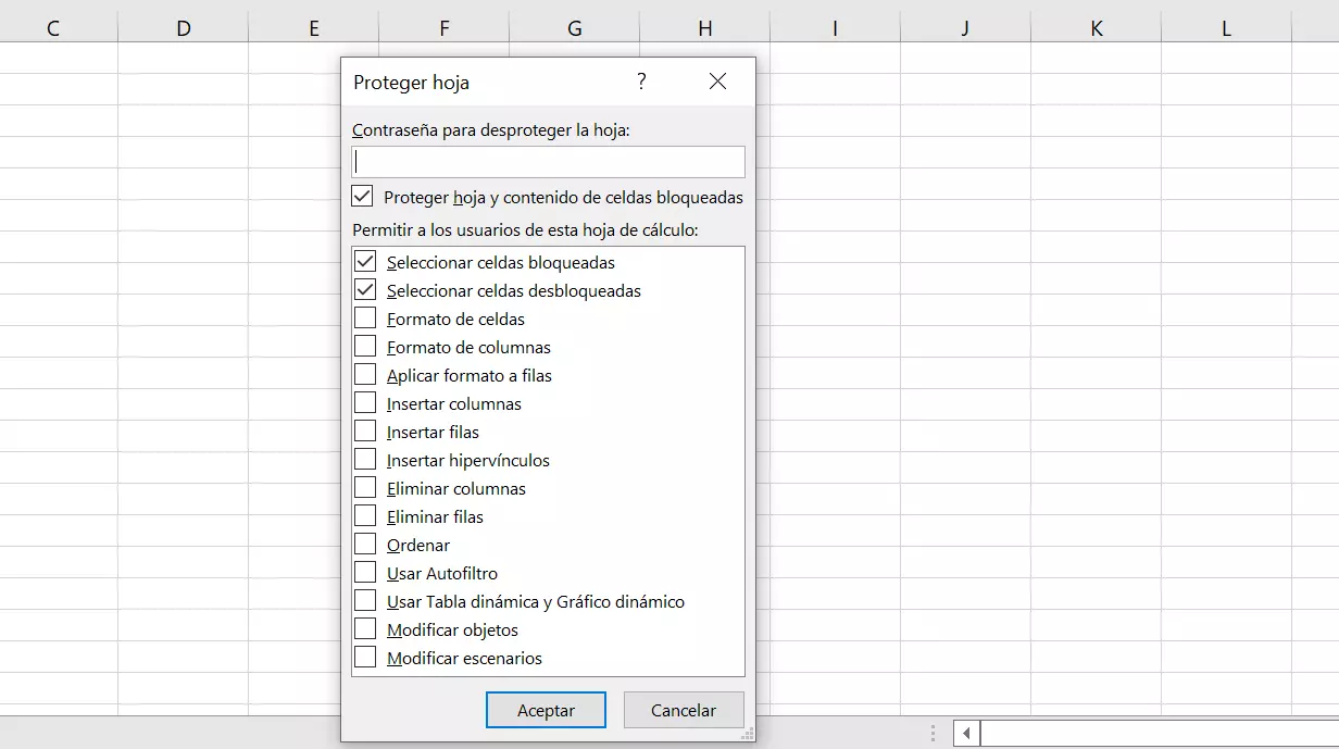 Imagen: Imagen del cuadro de diálogo “Proteger hoja”