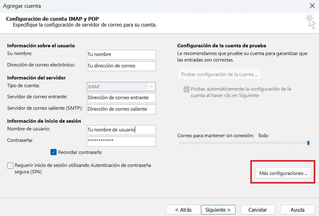 Imagen: Configuración de cuentas POP e IMAP en Outlook