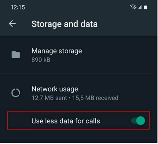 Imagen: WhatsApp: Deslizar a la derecha el botón de “Usar menos datos para las llamadas” de “Almacenamiento y datos”