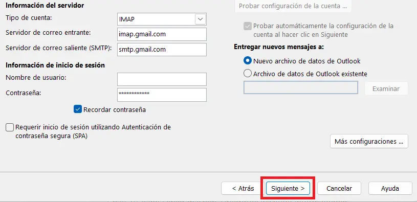 Imagen: Información del servidor y de inicio de sesión en Outlook 365