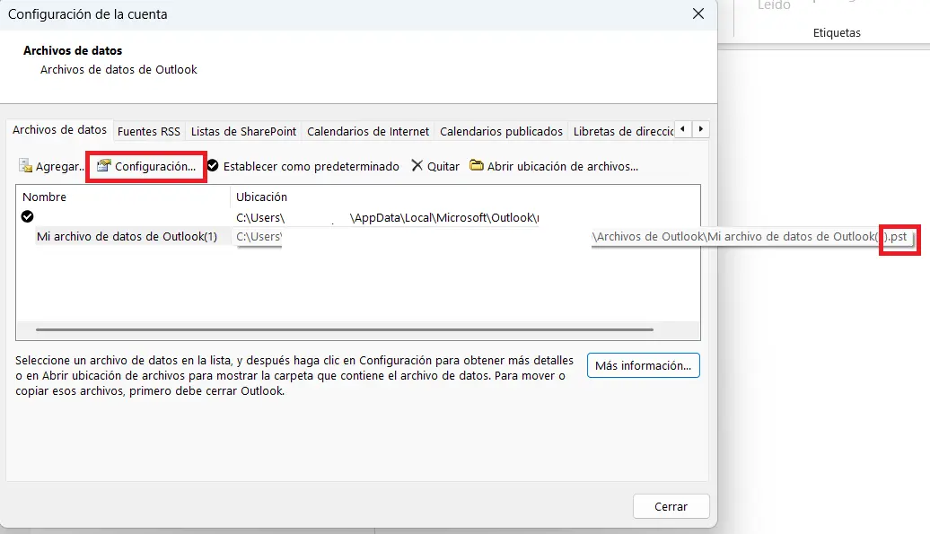 Imagen: Lista de archivos de datos de Outlook
