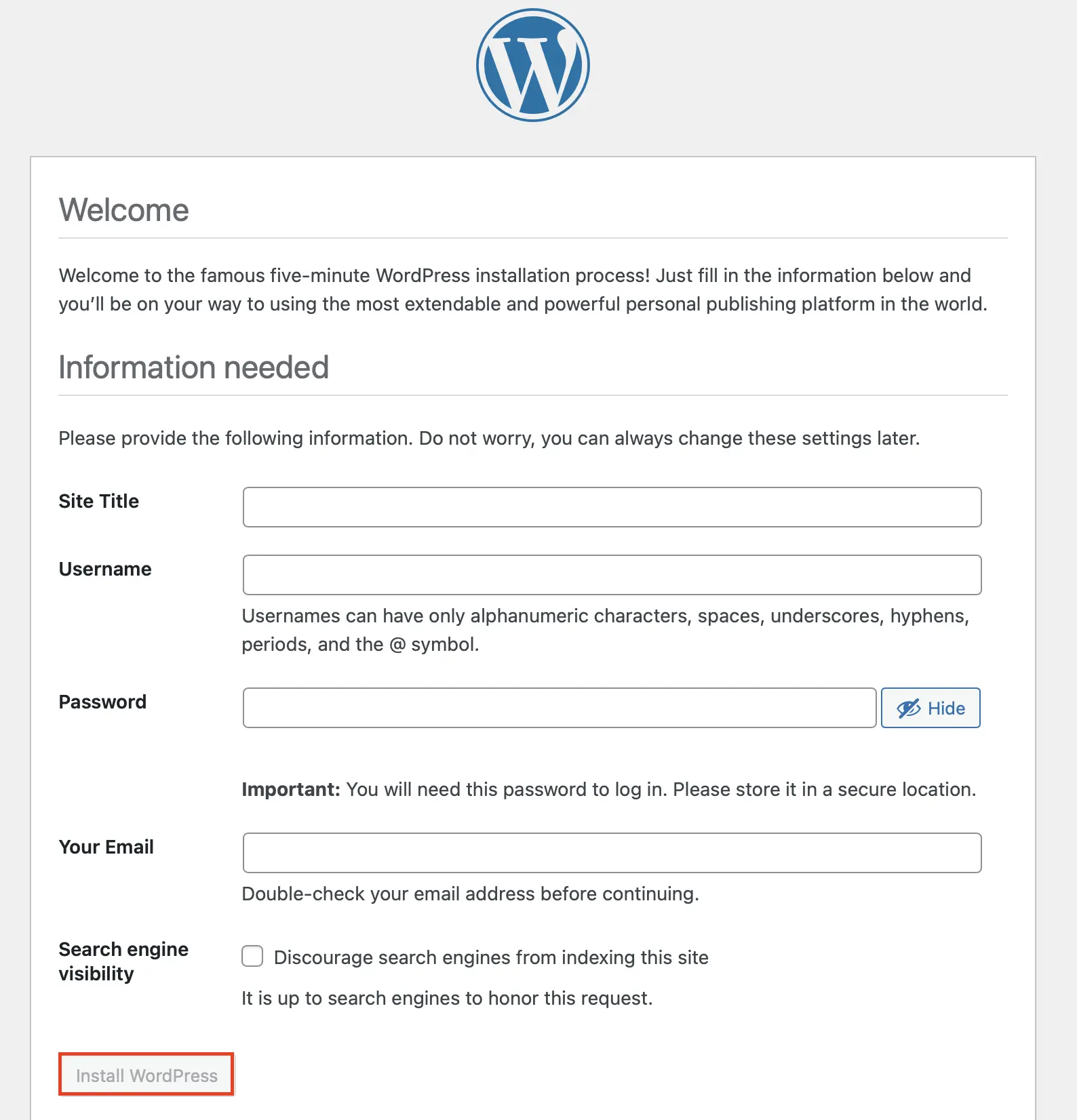 Captura de pantalla de la instalación de WordPress: información sobre la página web de WordPress Imagen: Captura de pantalla de la instalación de WordPress: información sobre la página web de WordPress
