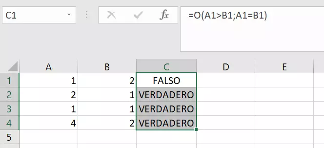 Imagen: Función de Excel O con varios argumentos.