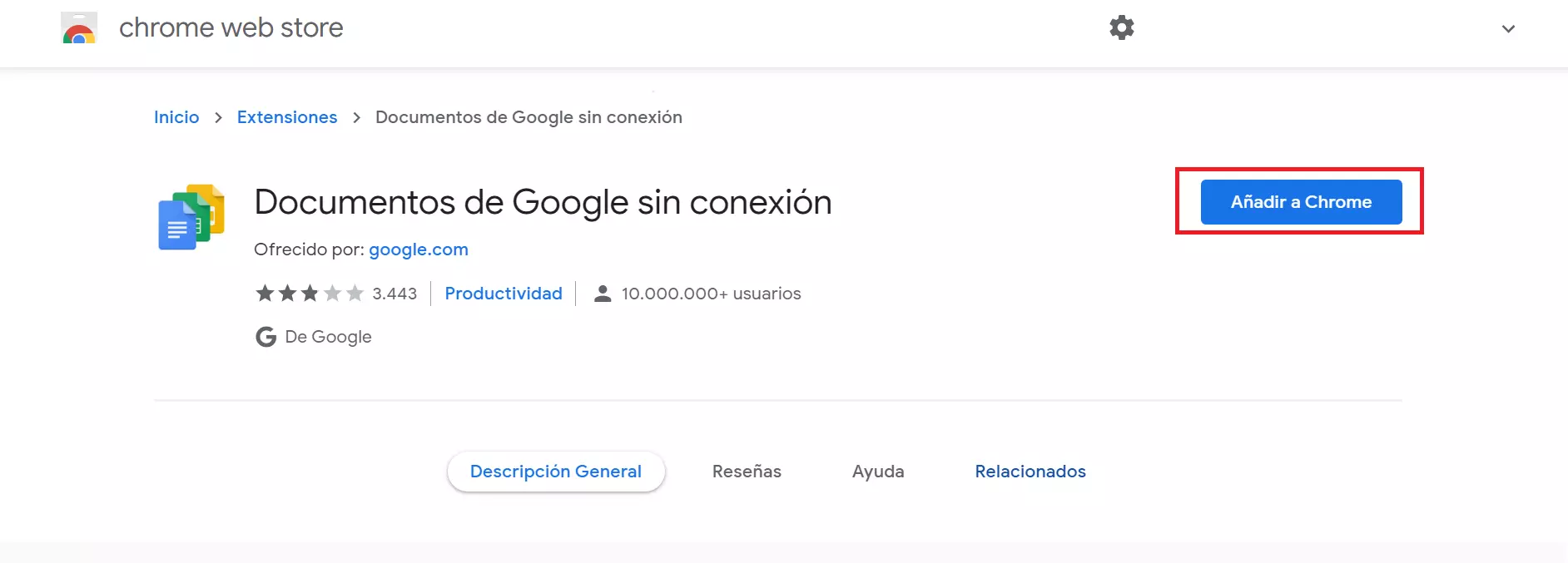 Imagen: Chrome Web Store: opción para añadir la extensión de Google Docs sin conexión