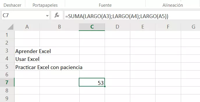 Imagen: Excel: combinación de las funciones LARGO y SUMA 