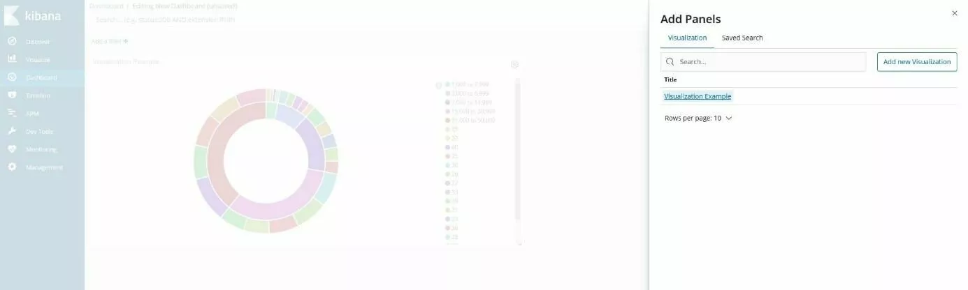 Imagen: Kibana Dashboard: menú para añadir paneles
