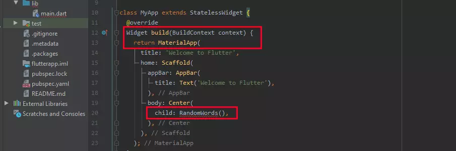Imagen: Ajuste del código en la aplicación de ejemplo del Tutorial de Flutter