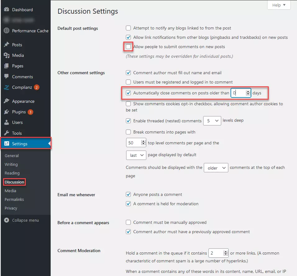Imagen: Pestaña “Comentarios” en “Ajustes” en el Backend de WordPress 