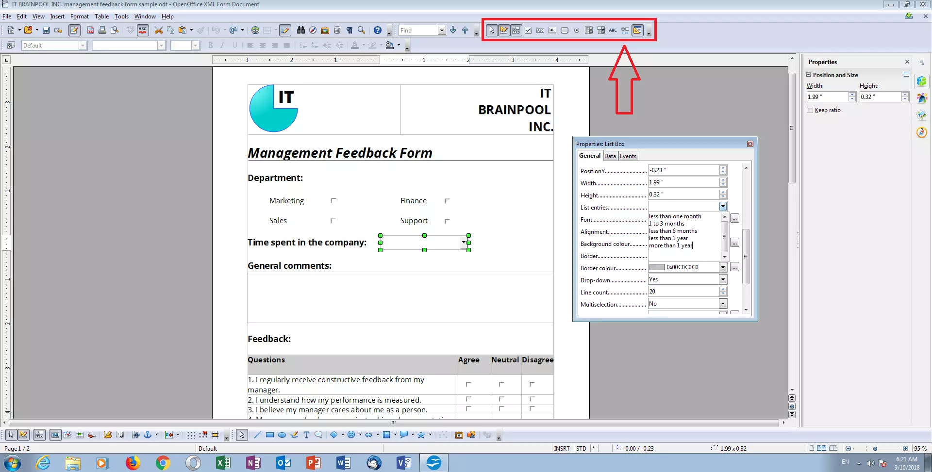 Imagen: Ejemplo de un formulario de feedback de gestión en modo de diseño de OpenOffice Writer