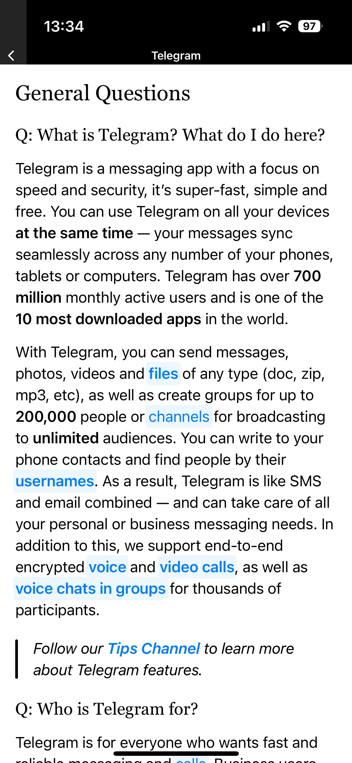 Apartado FAQ en app de Telegram Imagen: Apartado FAQ en app de Telegram
