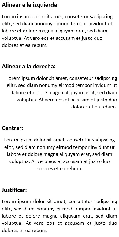 Imagen: Texto de muestra con diferentes orientaciones: alineado a la izquierda, alineado a la derecha, centrado y justificado