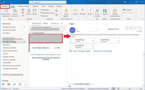 Imagen: En el software de Outlook están marcados la pestaña de “Archivo” y el correo seleccionado para imprimir