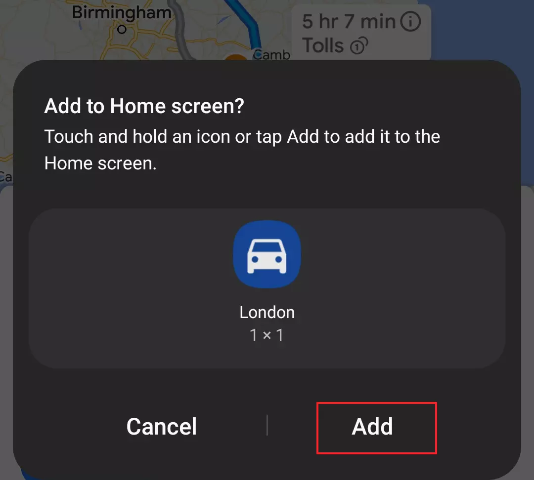 Captura de pantalla de la función “Añadir a la pantalla de inicio” en Google Maps Captura de pantalla de la función “Añadir a la pantalla de inicio” en Google Maps