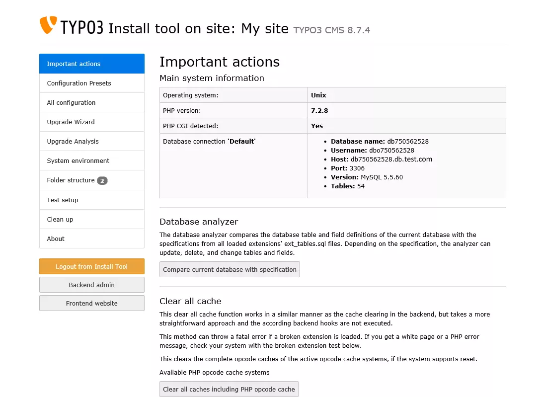 Imagen: Vista de la información del sistema en el asistente de instalación y de los botones que llevan a los desarrolladores al backend y a los redactores al frontend