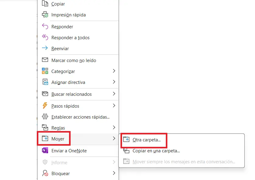Imagen: Menú contextual de un correo eliminado en Outlook