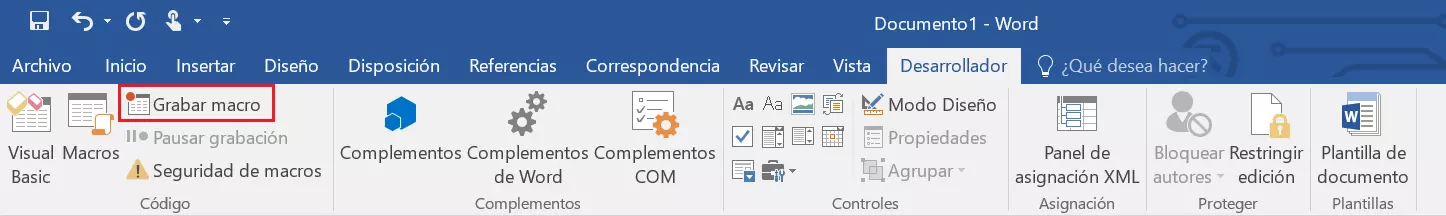 Imagen: Word 2016: pestaña “Desarrollador”