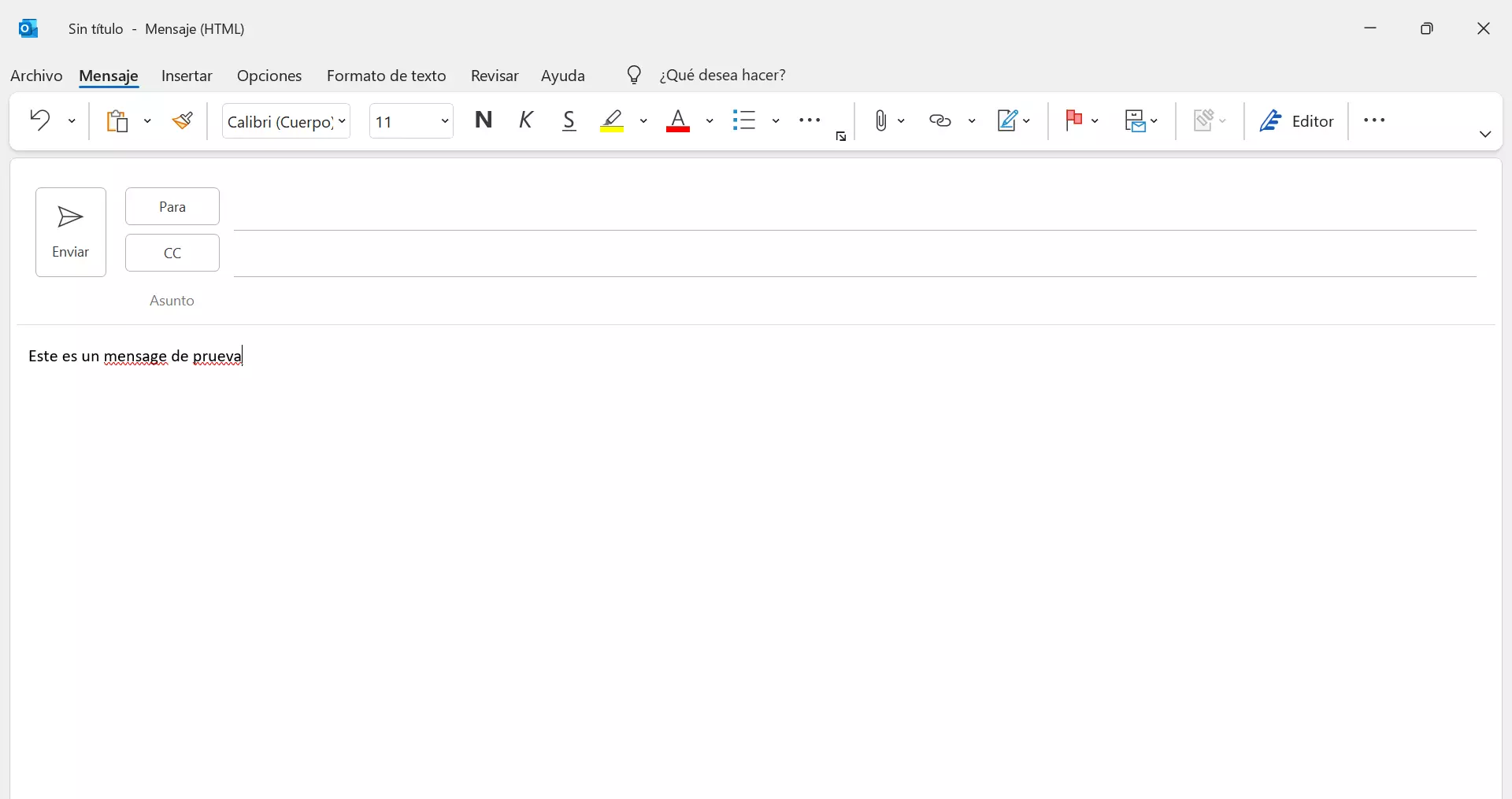 El corrector de ortografía de Outlook: ejemplo de subrayado del corrector ortográfico